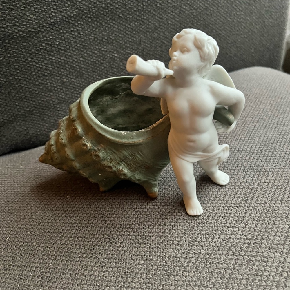 White Porcelain Cherub Figurine with Green Shell Planter